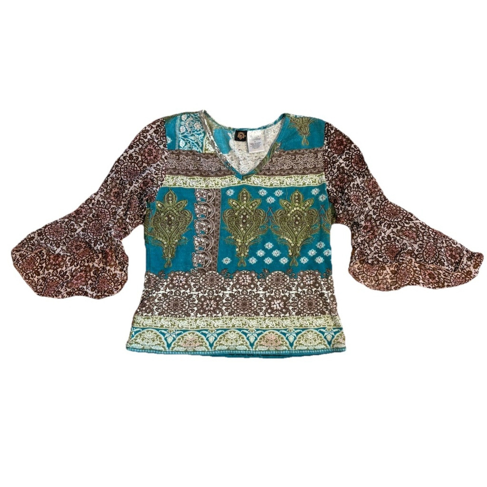 Bila Boho Fairycore Y2K Patchwork Sequin Top Size L Sheer Bell Sleeves Hippie